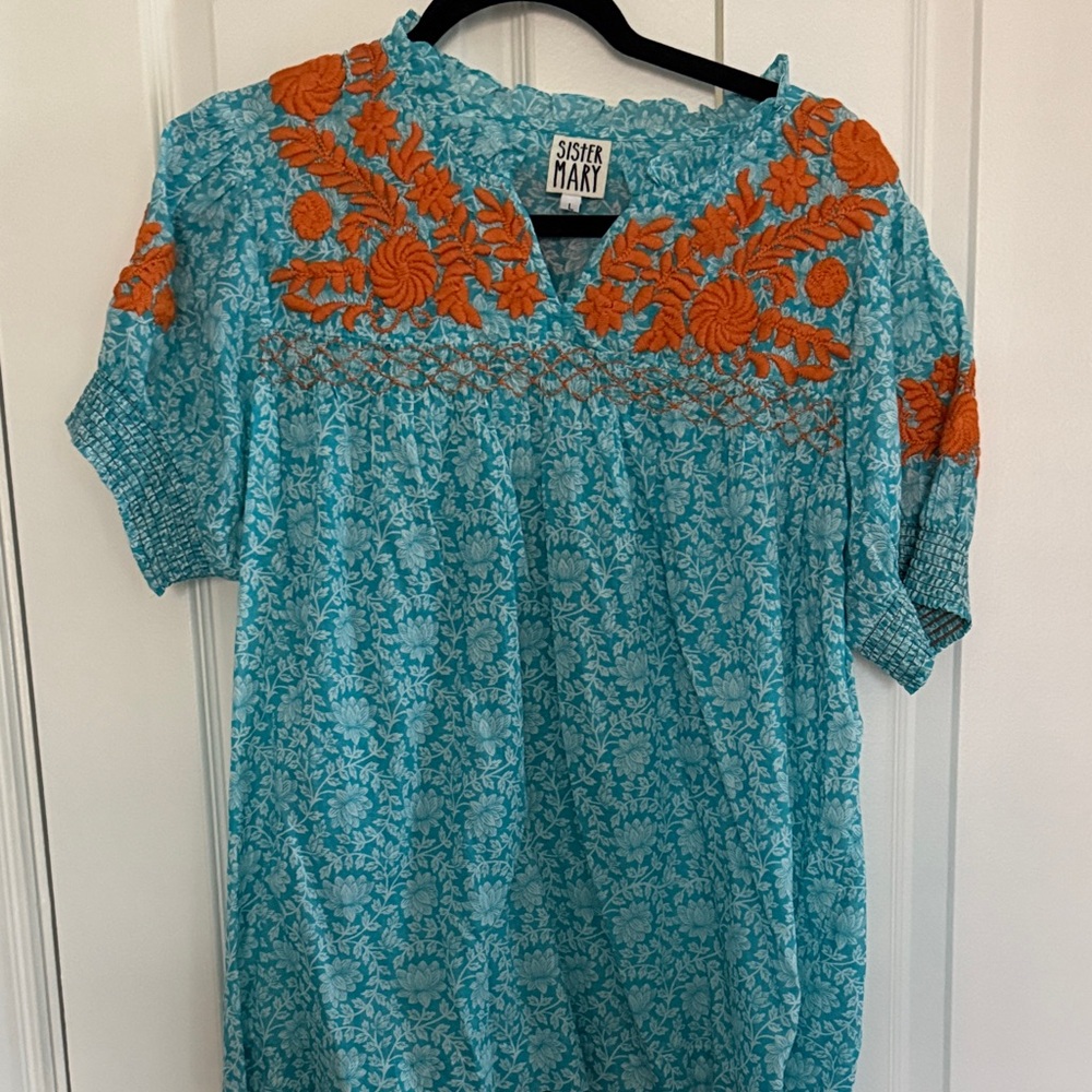 Ivy Jane Turquoise and Orange Floral Embroidered Blouse